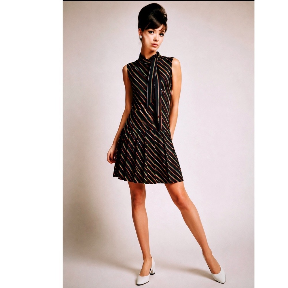VTG Howard wolf dress Vintage Sleeveless Striped Drop Waist Pleated Black  Mod